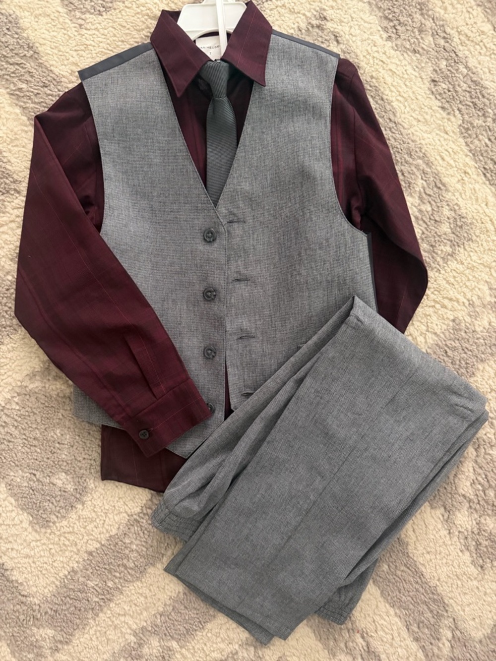 Boy’s Gray Suit Vest & Pants with Burgundy Shirt and Gray Tie Van Heusen 7